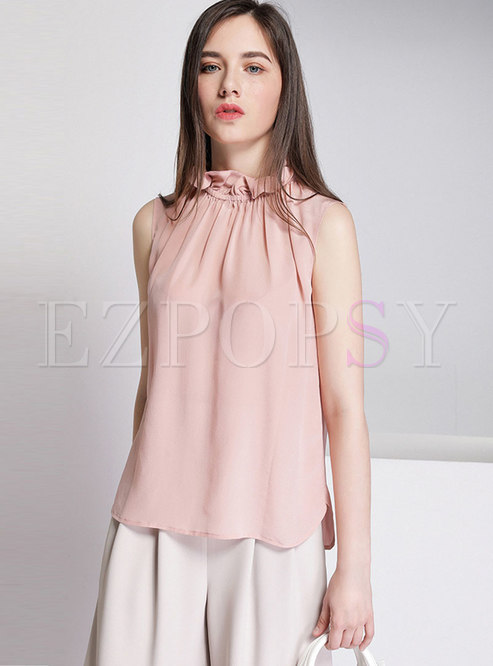 Chic Solid Color Ruffled Collar Sleeveless Top