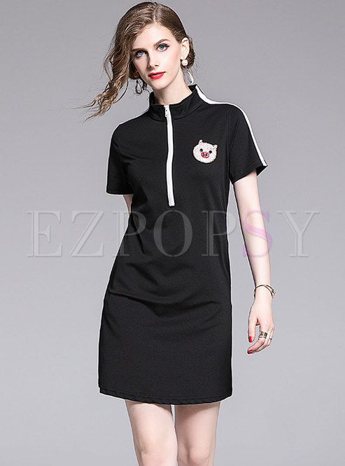 Stylish Piglet Beaded Stand Collar Black Slim T-shirt Dress 