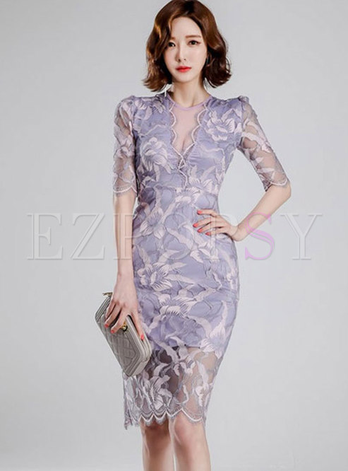 Dresses | Bodycon Dresses | Sexy V-neck Half Sleeve Lace Bodycon Dress