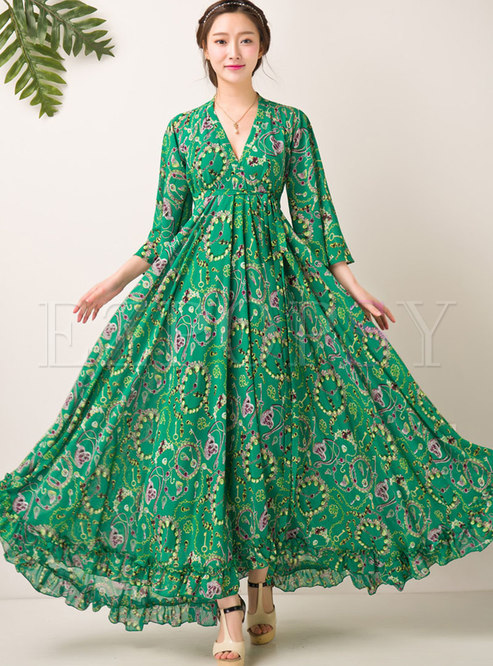 Dresses | Maxi Dresses | Bohemia Print V-neck Long Sleeve Hem Maxi Dress