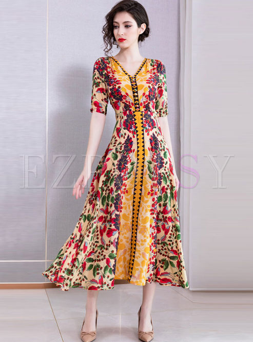V-neck Short Sleeve High Waisted Print Dress