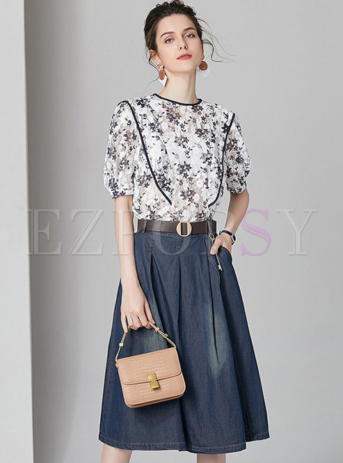 Stylish Lace See-though Top & Casual Denim Skirt