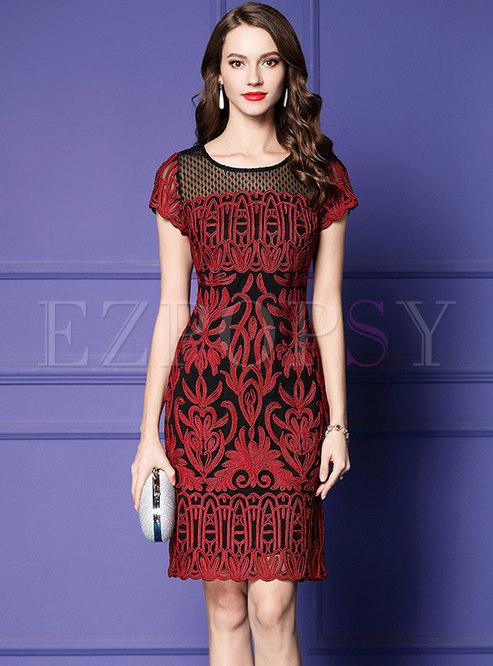 Elegant Embroidered High Waist Plus-size Sheath Dress