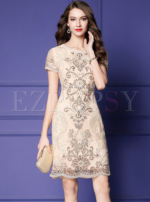 Lace Sequin Embroidered Openwork Sheath Dress