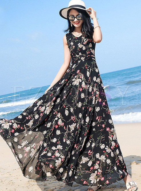 Bohemian Floral Print V-neck Sleeveless Maxi Dress