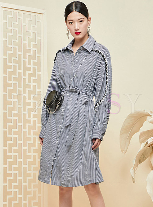 Casual Striped Single-breasted Tied T-shirt Dress
