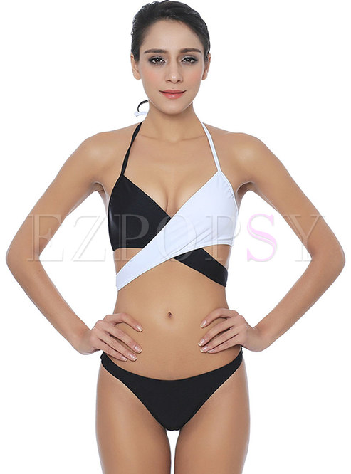 Color-blocked Splicing Halter Bikini
