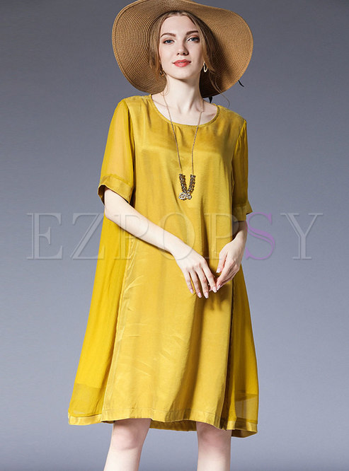 See-though Splicing O-neck Plus Size Shift Dress