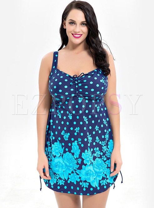 Sexy Dots Print Back Tied Plus Size One Piece Swimsuit