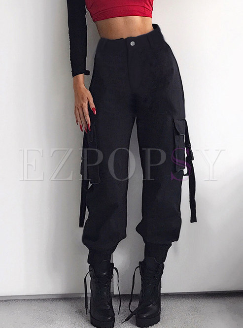 Women Zipper Fold Street Ribbon Cargo Pants