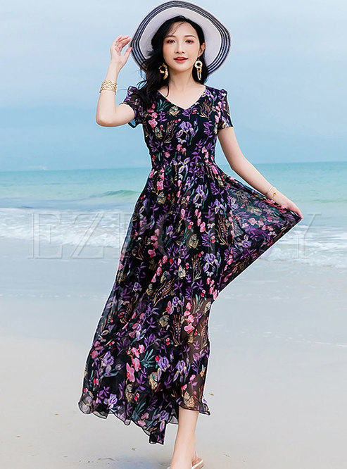 Dresses | Maxi Dresses | Print Gathered Waist Big Hem Beach Maxi Dress