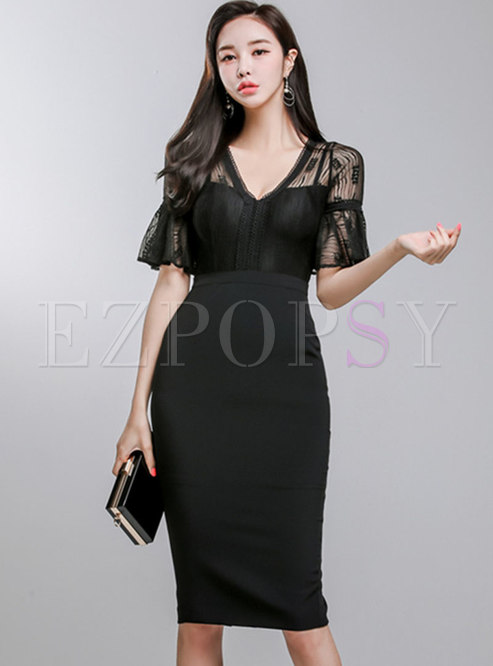 Sexy Lace Splicing See-though Waist Bodycon Dress