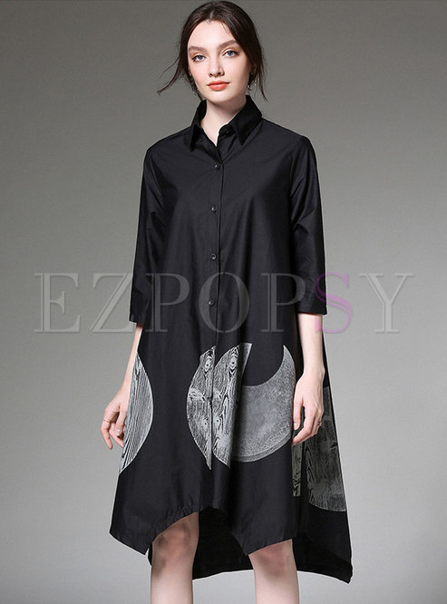 Plus Size Lapel Print Black Loose T-shirt Dress