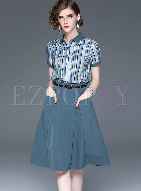 Summer Striped Splicing Blouse & Pure Color A Line Skirt