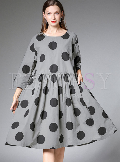 Plus Size Dots Pattern Cotton Pleated Shift Dress