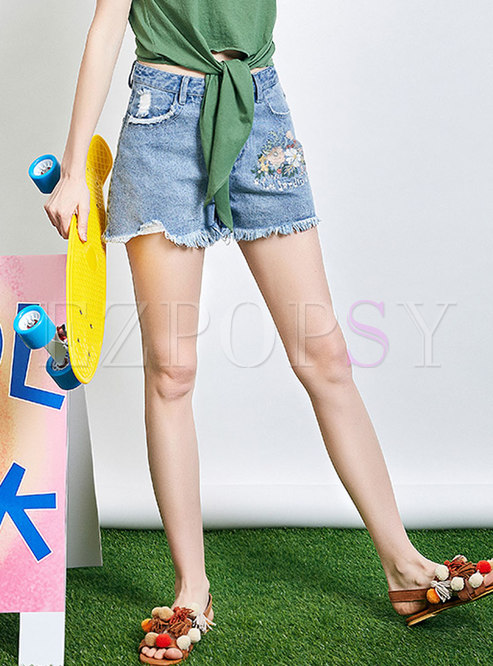 Casual Embroidered Cotton Washed Denim Shorts