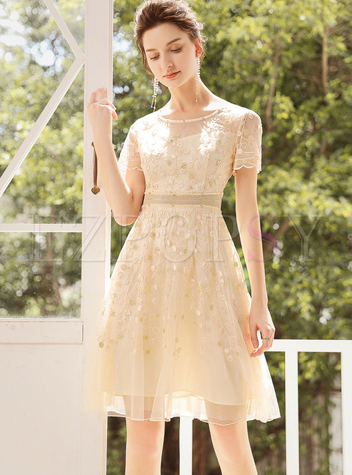 Embroidered Beaded See-though Party Skater Dress