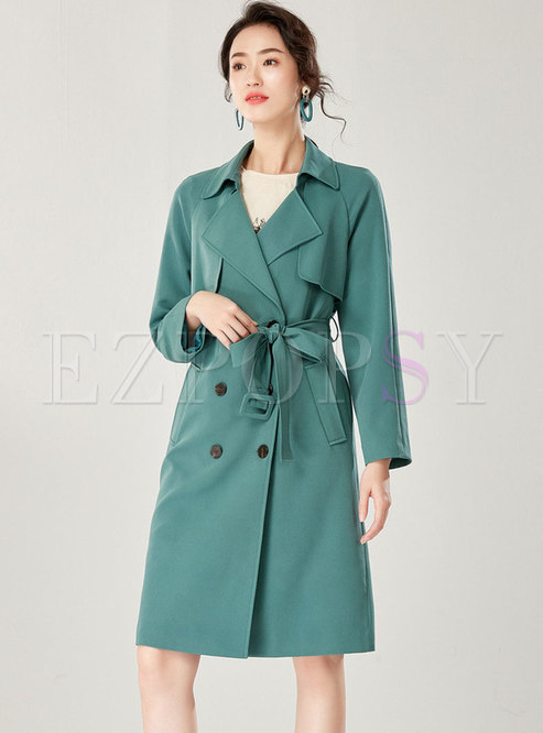 Pure Color Double Breasted Tied Trench Coat