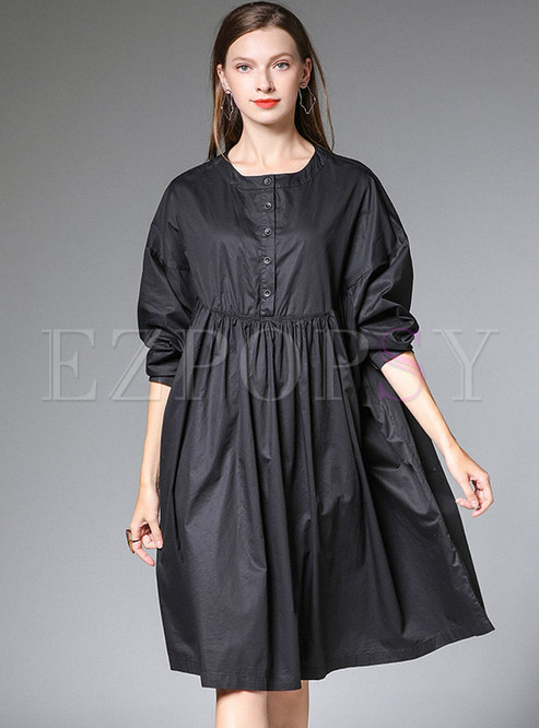 Black Plus Size Pleated Loose Cotton T-shirt Dress