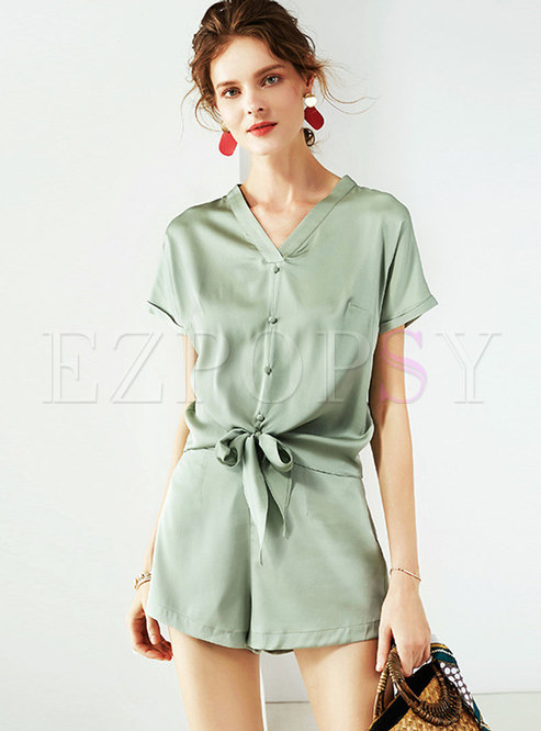 Solid Color V-neck Silk Summer Two Piece Pants