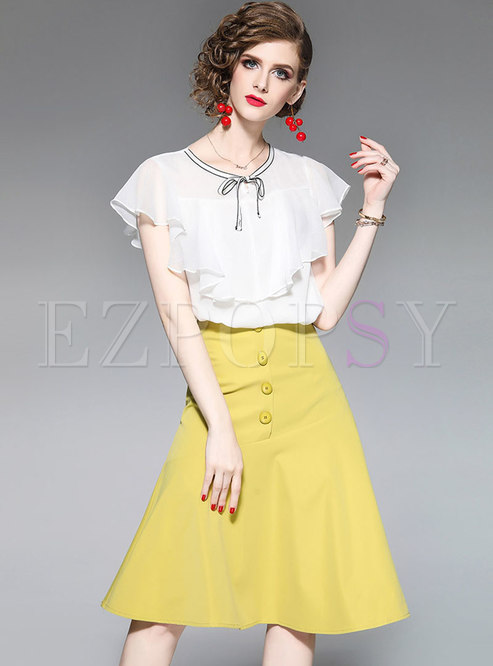 Solid Color Falbala Chiffon Blouse & Yellow Mermaid Skirt