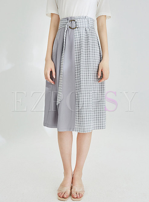 Stylish High Waist Plaid Splicing Belted A Line Skirt