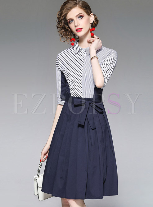 Dresses | T-shirt Dresses | Color-blocked Striped Slit Bowknot Shirt Dress