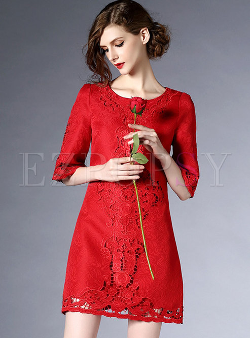 Embroidered Hollow Out Flare Sleeve Bodycon Dress