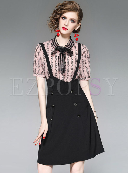 Stylish Bowknot Chiffon Blouse & Black Strap Dress