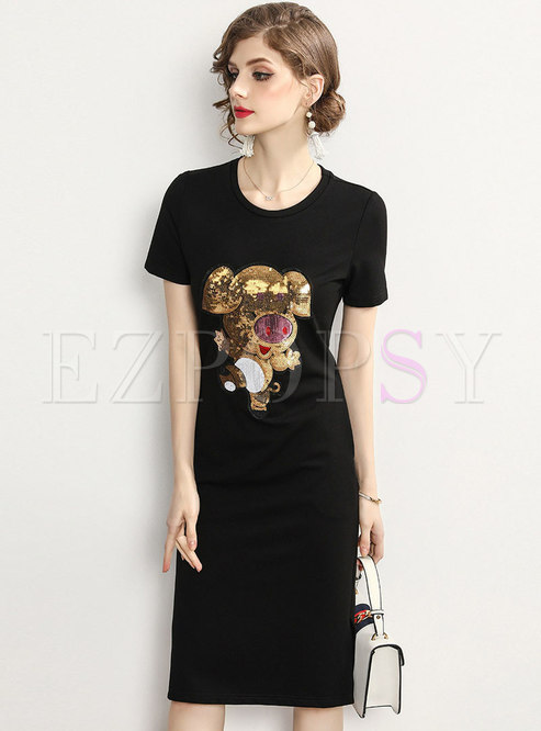 Brief Animal Sequined Black Cotton T-shirt Dress