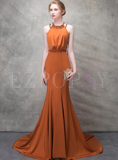 Flower Sequined Sashes Sleevesless High Waist Evening Dresses