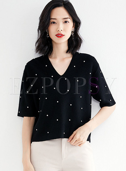 Solid Color Diamond-studded Loose Pullover Sweater