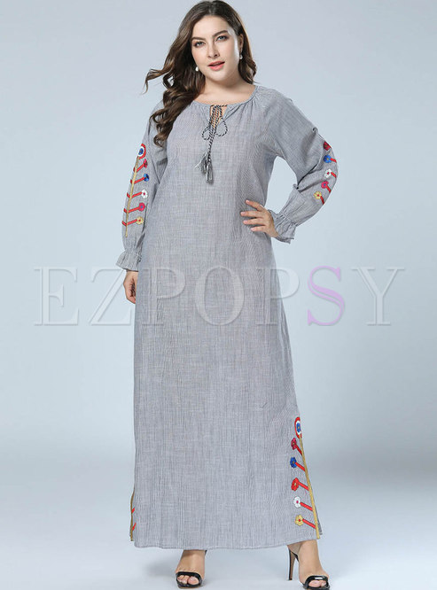 Casual Embroidered Splicing O-neck Tied Maxi Dress