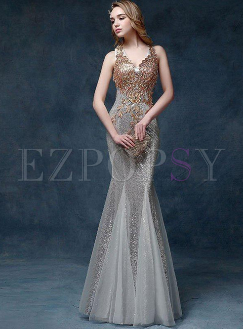 Printing Sequined Solid Color V-Neck Sleeveless Special Occasion Dresses