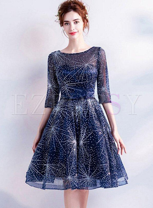 Hollow Out Sequin O-Neck Half Sleeves Dresses