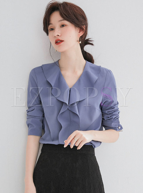 Solid Color All-matched Falbala Chiffon Blouse