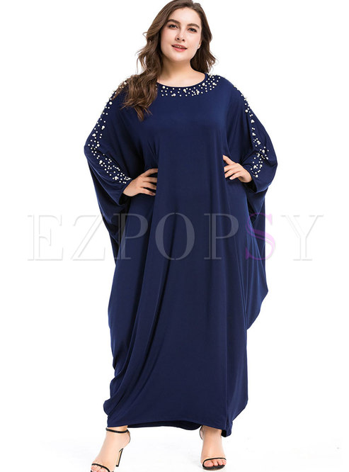 Loose Plus Size Handmade Pearl Bat Sleeve Maxi Dress
