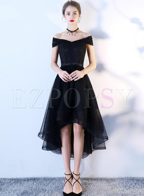 Lace Solid Color Slash Neck Sleeveless Asymmetrical Tulle Dresses