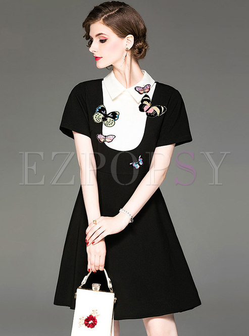 Chic Color-blocked Splicing Embroidered A Line Dress