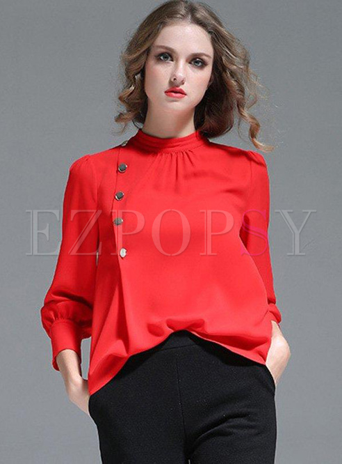 Solid Color Long Sleeves Loose Chiffon Pullover Blouse