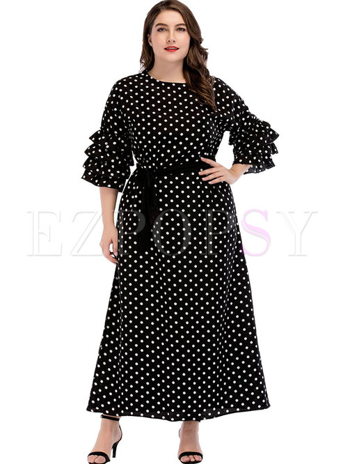 Casual Polka Dot Plus Size Tied Maxi Dress