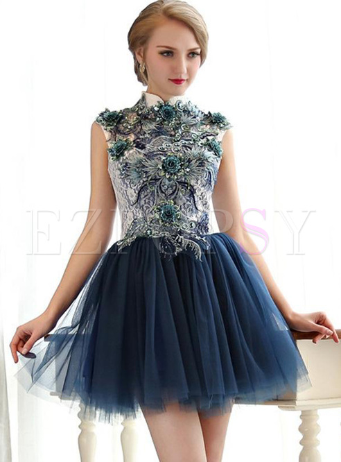 Embroidery Flower Sequined Contrast Stand Collar Mini Prom Dresses