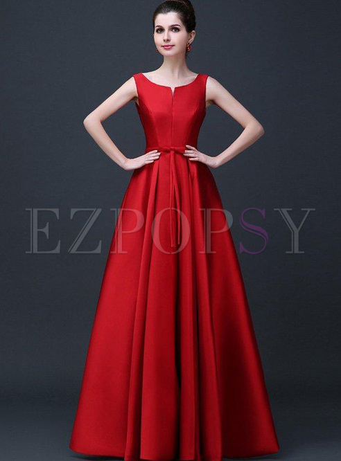 Solid Color Sashes O-Neck Sleeveless High Waist Backless Evening Dresses