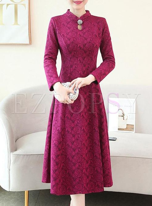 Solid Color Jacquard Stand Collar A-Line Dresses