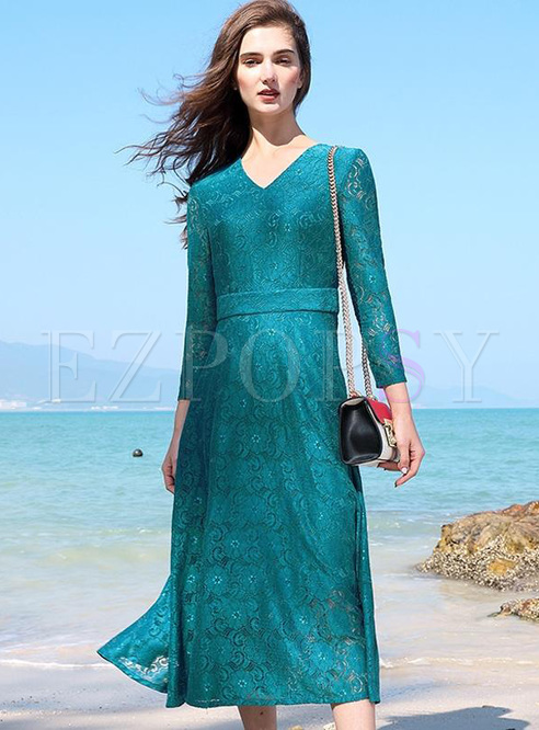 Lace Solid Color V-Neck Seven-Tenths Sleeves Long Dresses
