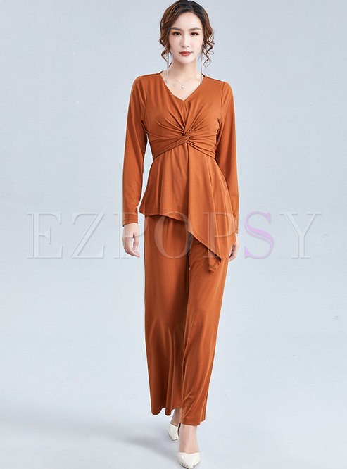 Solid Color V-neck Asymmetric Knitted Two Piece Pants