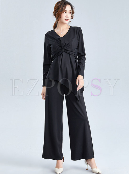 Casual Black Slim Irregular Knitted Two Piece Pants