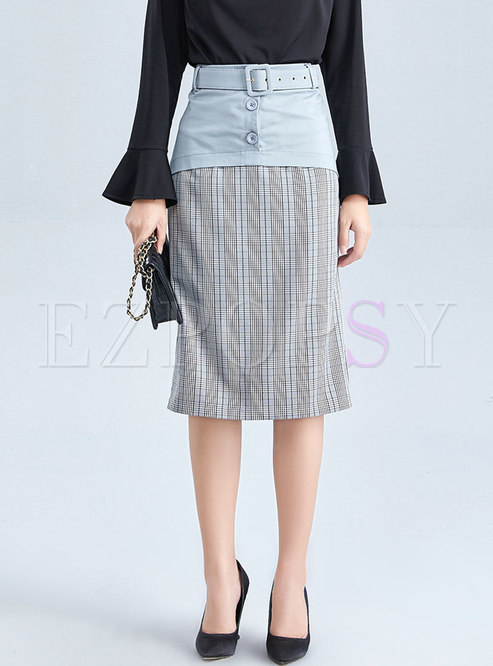 Chic Color-blocked Splicing Plaid Skinny Skirt