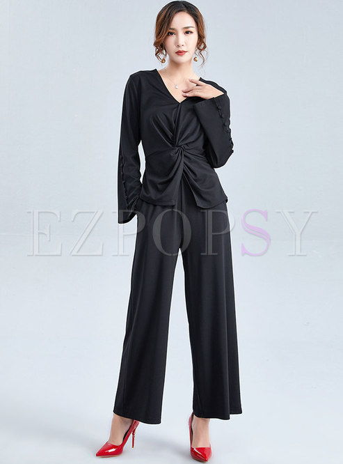 Casual V-neck Long Sleeve Button Two Piece Pants