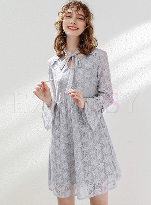 Sweet Grey Lace Bowknot Pleated Shift Dress